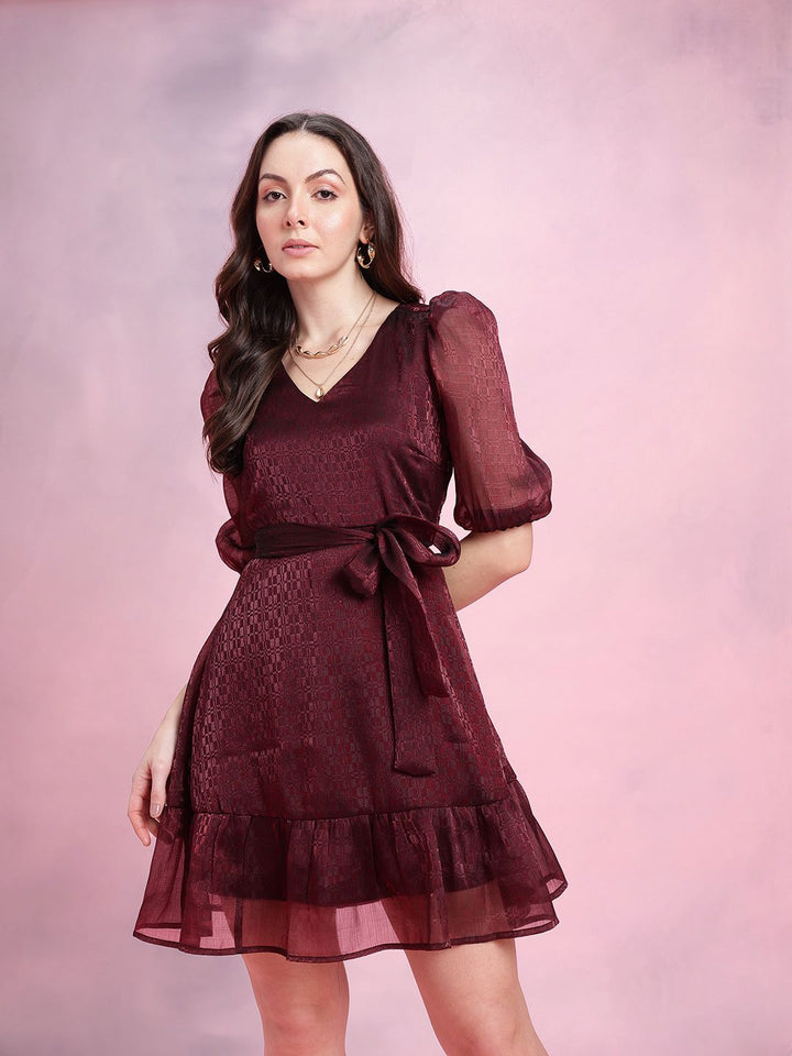 DressBerry Geometric Self-Design Puff Sleeves Party Fit & Flare Dress with Belt