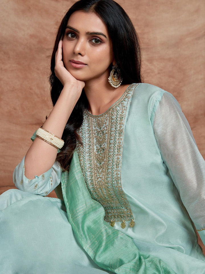 KALINI Ethnic Motifs Embroidered Sequinned Chanderi Silk Kurta with Palazzos & Dupatta