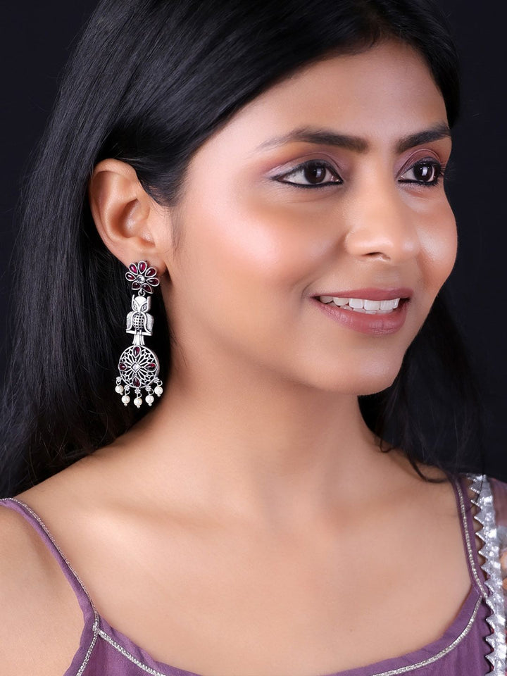 PANASH Silver-Plated Pink Stone Studded & Beaded Earrings