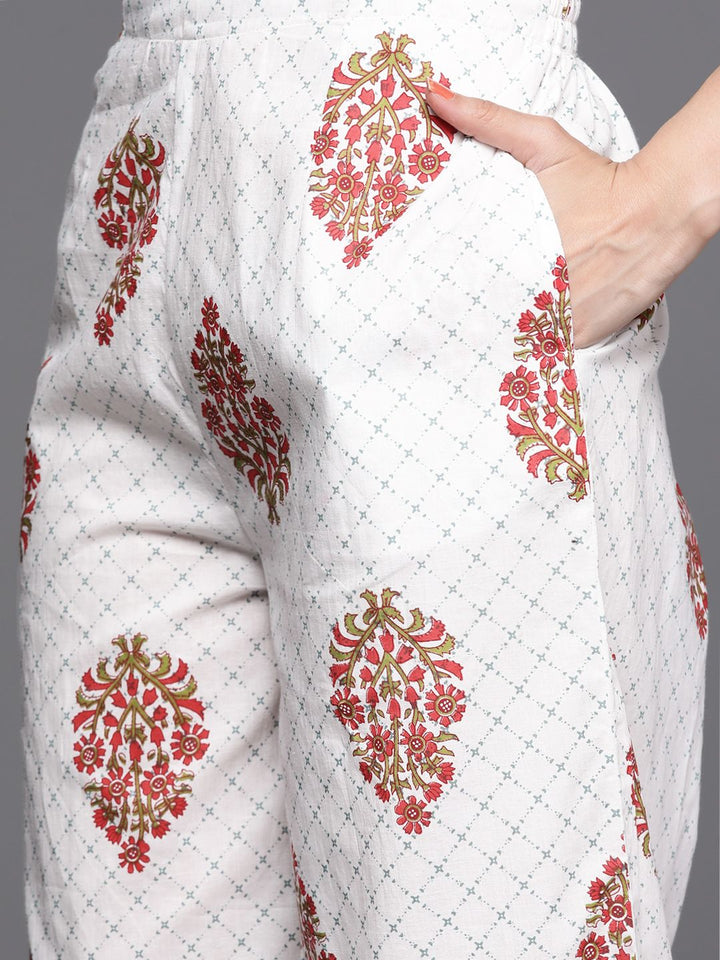 Libas Women Grey & Peach-coloured Floral Print Cotton Kurta Palazzos Dupatta