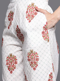 Libas Women Grey & Peach-coloured Floral Print Cotton Kurta Palazzos Dupatta