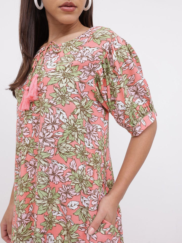 DressBerry Vibrant Blooms Floral Printed Tie-Up Neck A-line Dress