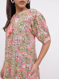DressBerry Vibrant Blooms Floral Printed Tie-Up Neck A-line Dress