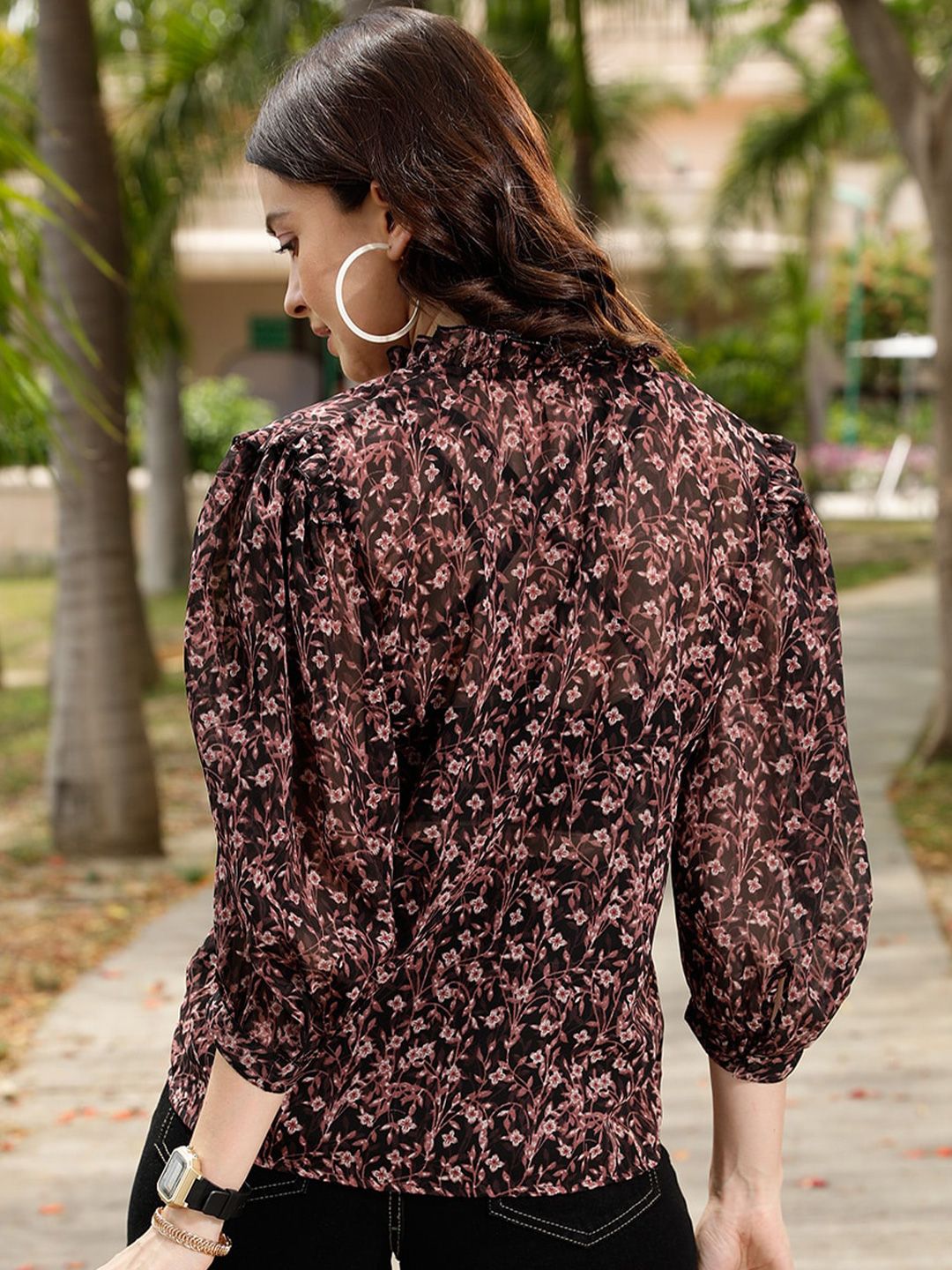 STREET 9 Brown Comfort Floral Printed Ruffle Casual Shirt