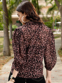 STREET 9 Brown Comfort Floral Printed Ruffle Casual Shirt