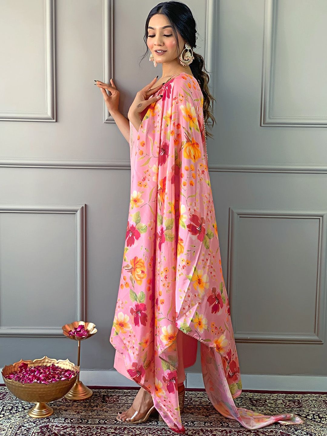 KALINI Floral Yoke Design Regular Straight Kurta With Trousers & Dupatta