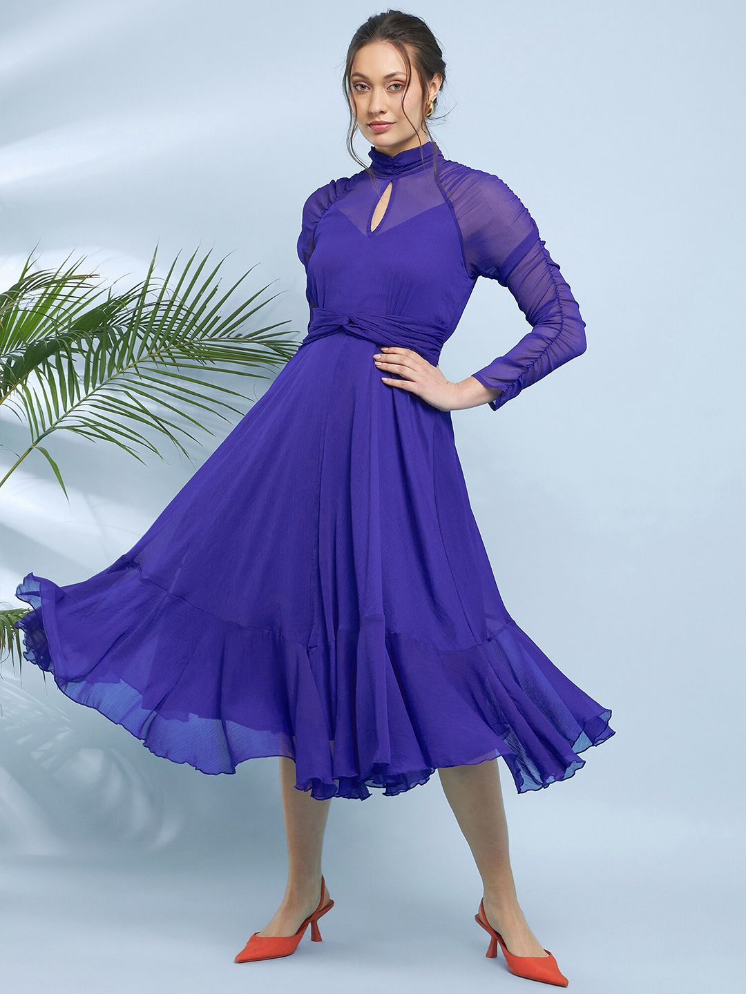 Antheaa Choker Neck Chiffon Fit & Flare Midi Dress