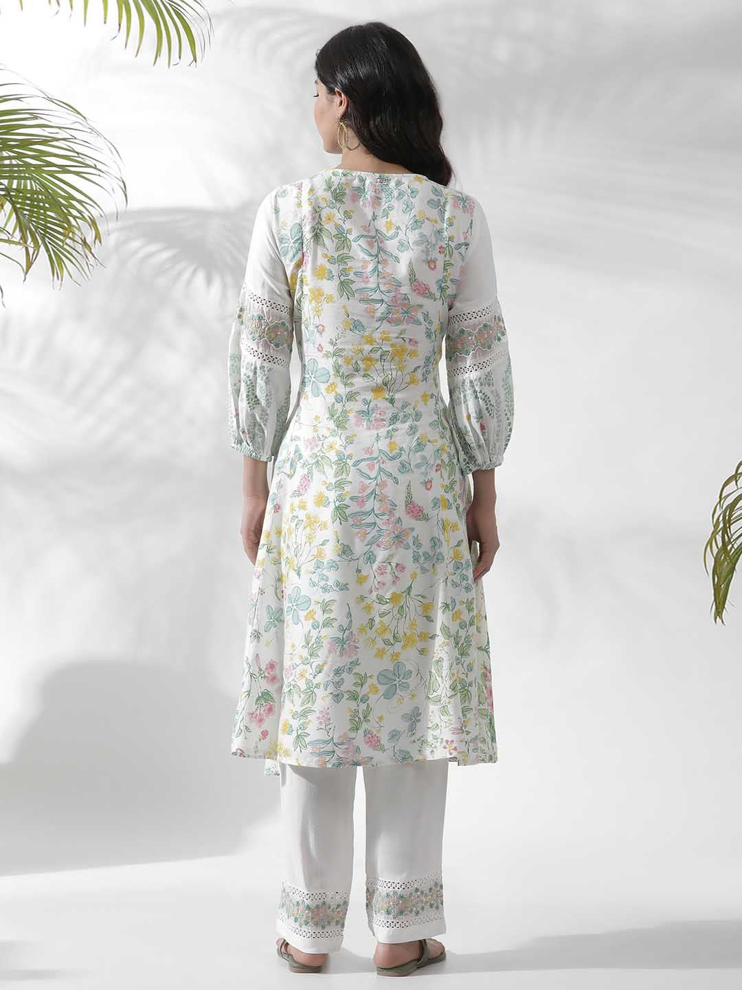 W Floral Printed Keyhole Neck Puff Sleeves A-Line Kurta