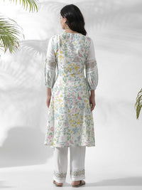 W Floral Printed Keyhole Neck Puff Sleeves A-Line Kurta
