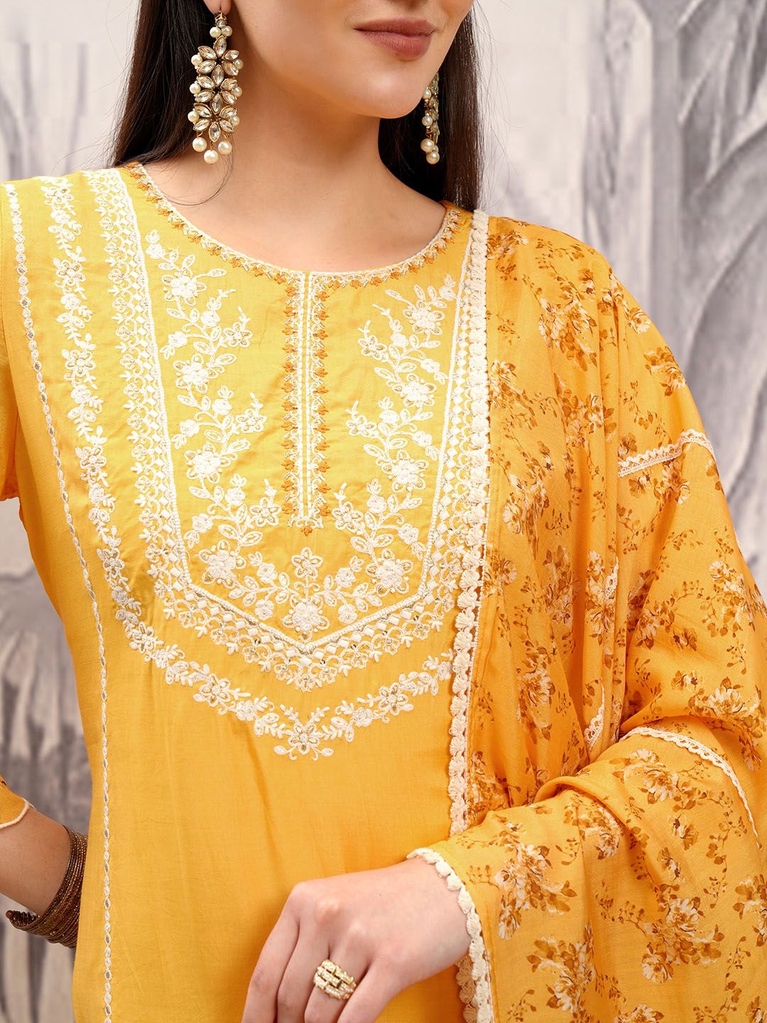 Vishudh Mustard Embroidered Regular Thread Work Kurta with Trousers & Dupatta