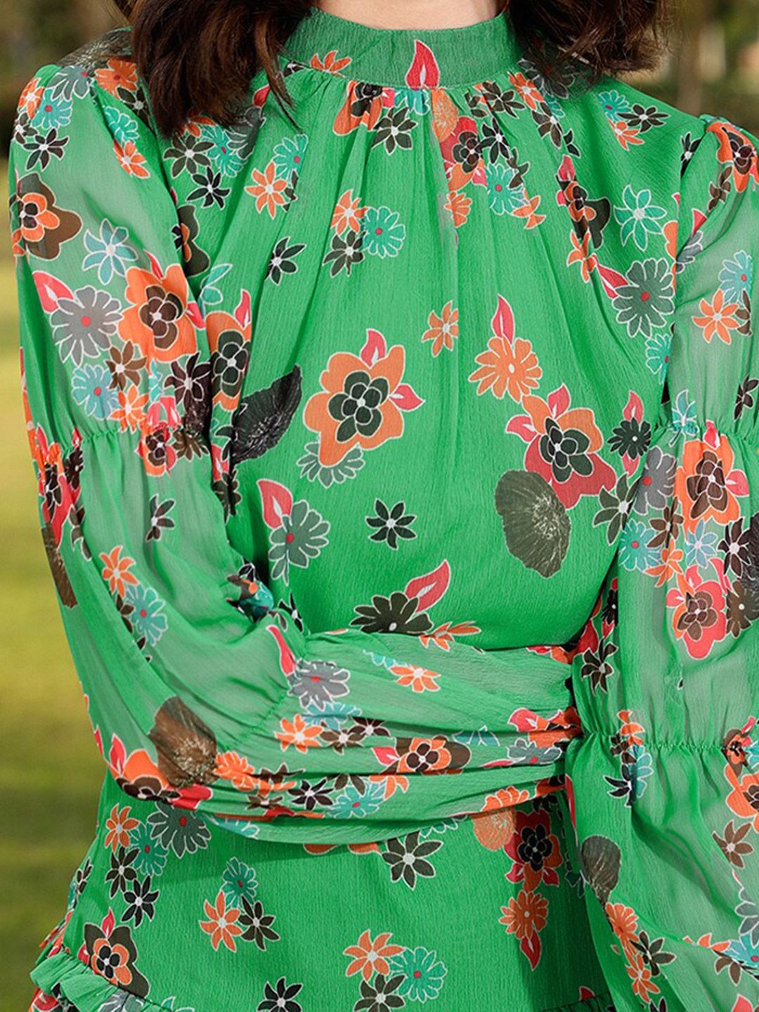 STREET 9 Green & Orange Coloured Floral Printed & Gathered Drop Waist Dress