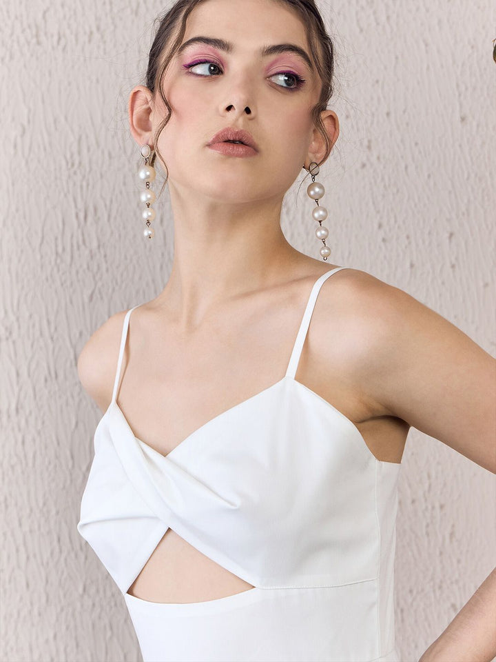 Berrylush White Self Design Ruffled Shoulder Straps Fit & Flare Maxi Dress