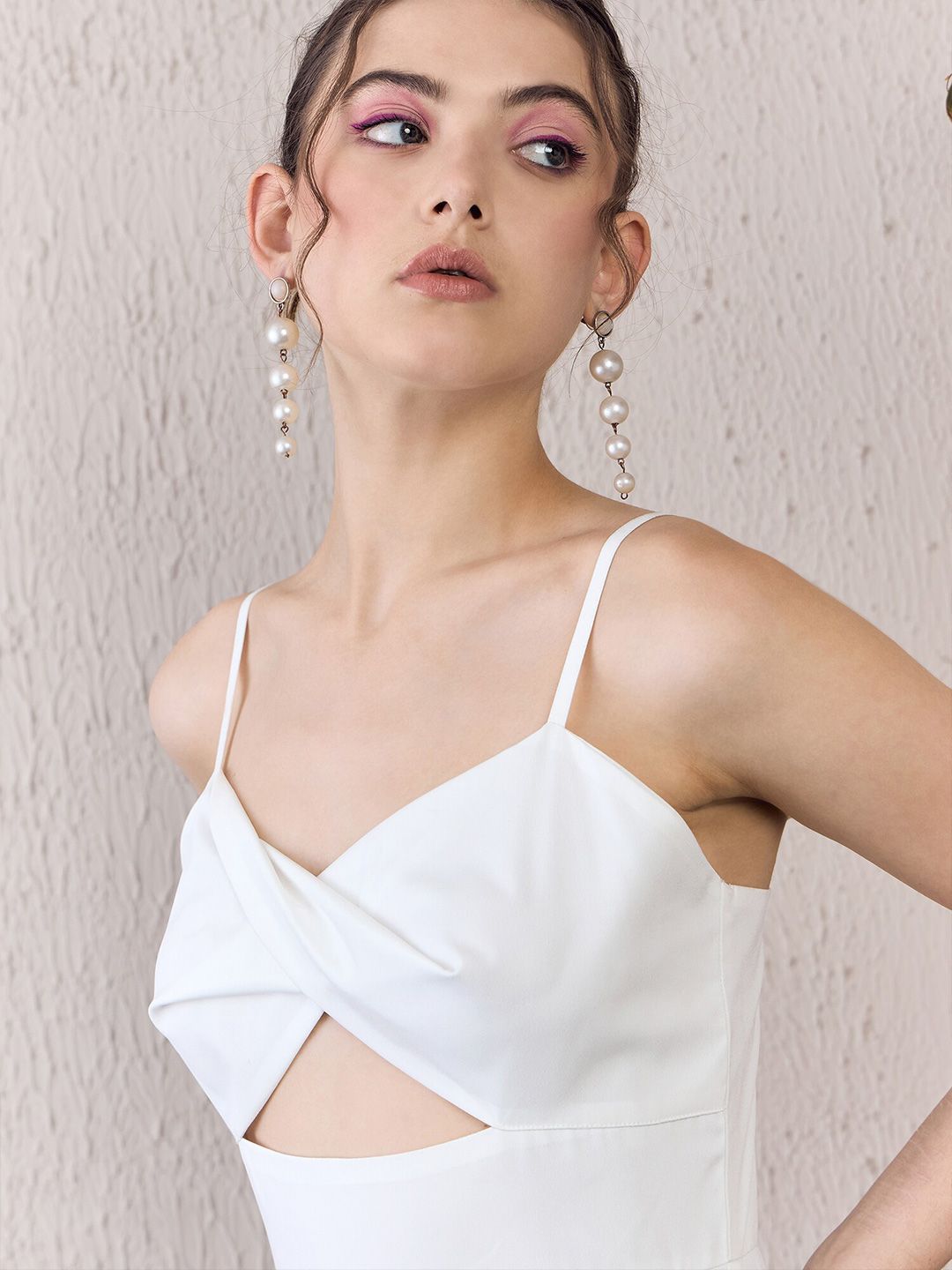 Berrylush White Self Design Ruffled Shoulder Straps Fit & Flare Maxi Dress