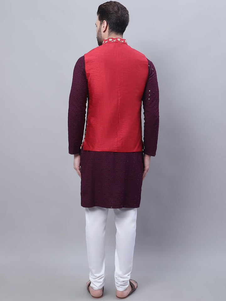 SOJANYA Mandarin Collar Embroidered Pure Cotton Kurta with Churidar & Nahru Jacket