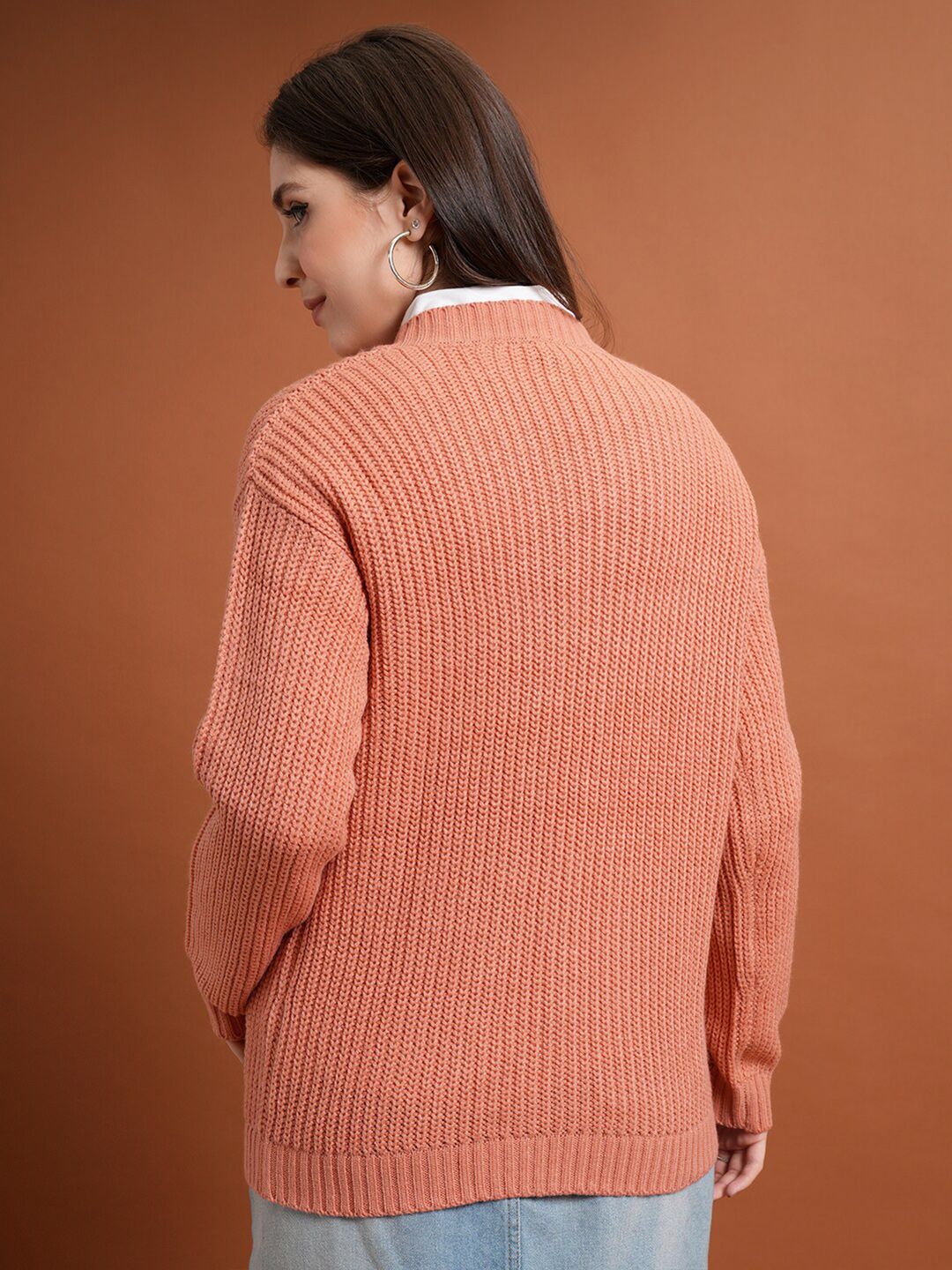 Tokyo Talkies Coral V-Neck Cable Knit Acrylic Pullover