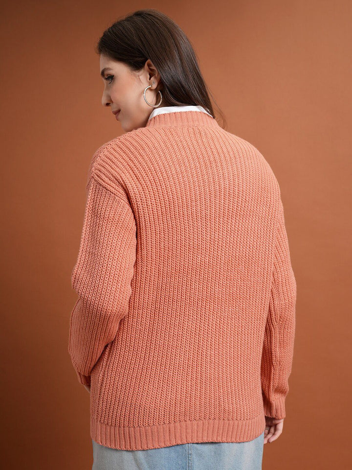 Tokyo Talkies Coral V-Neck Cable Knit Acrylic Pullover
