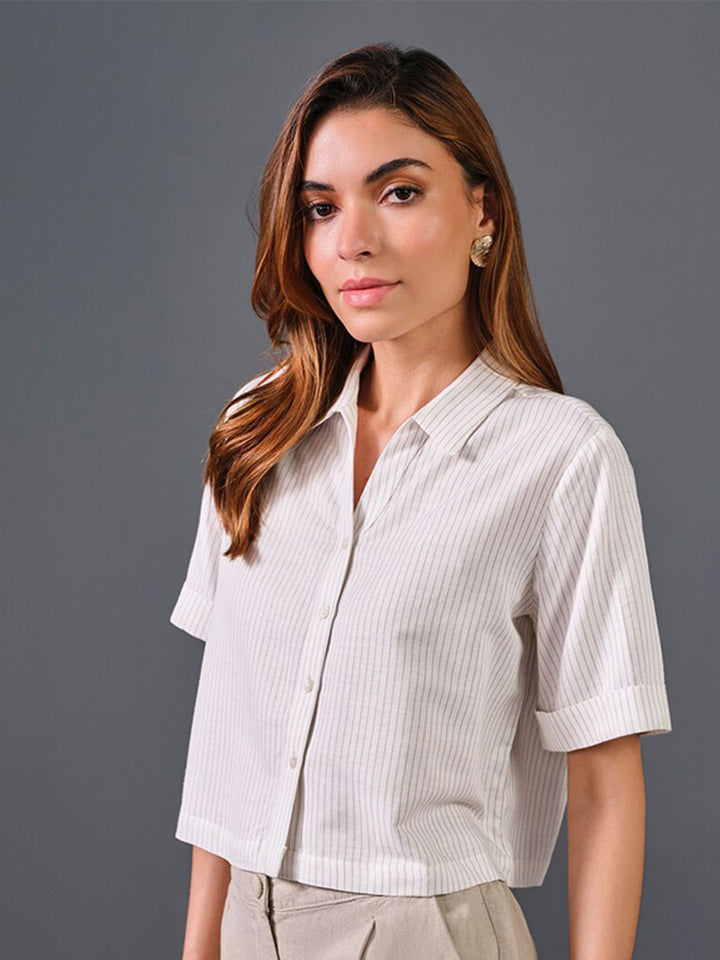 AND Striped Pure Cotton Shirt Style Crop Top