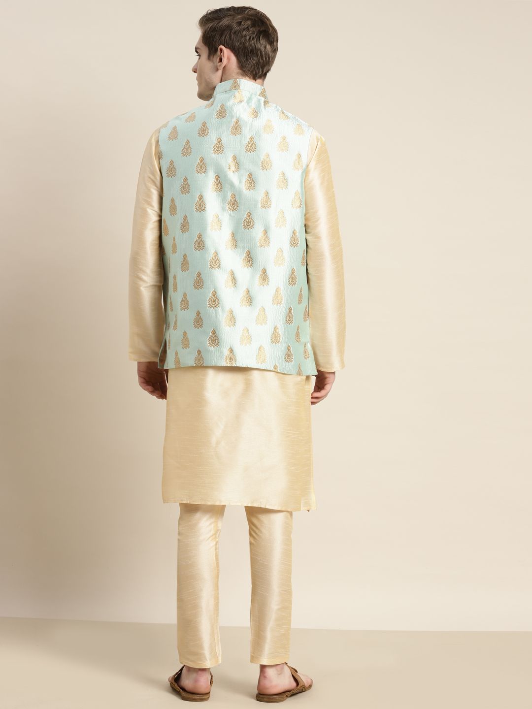 SOJANYA Men Solid Kurta with Churidar & Woven Design Nehru Jacket