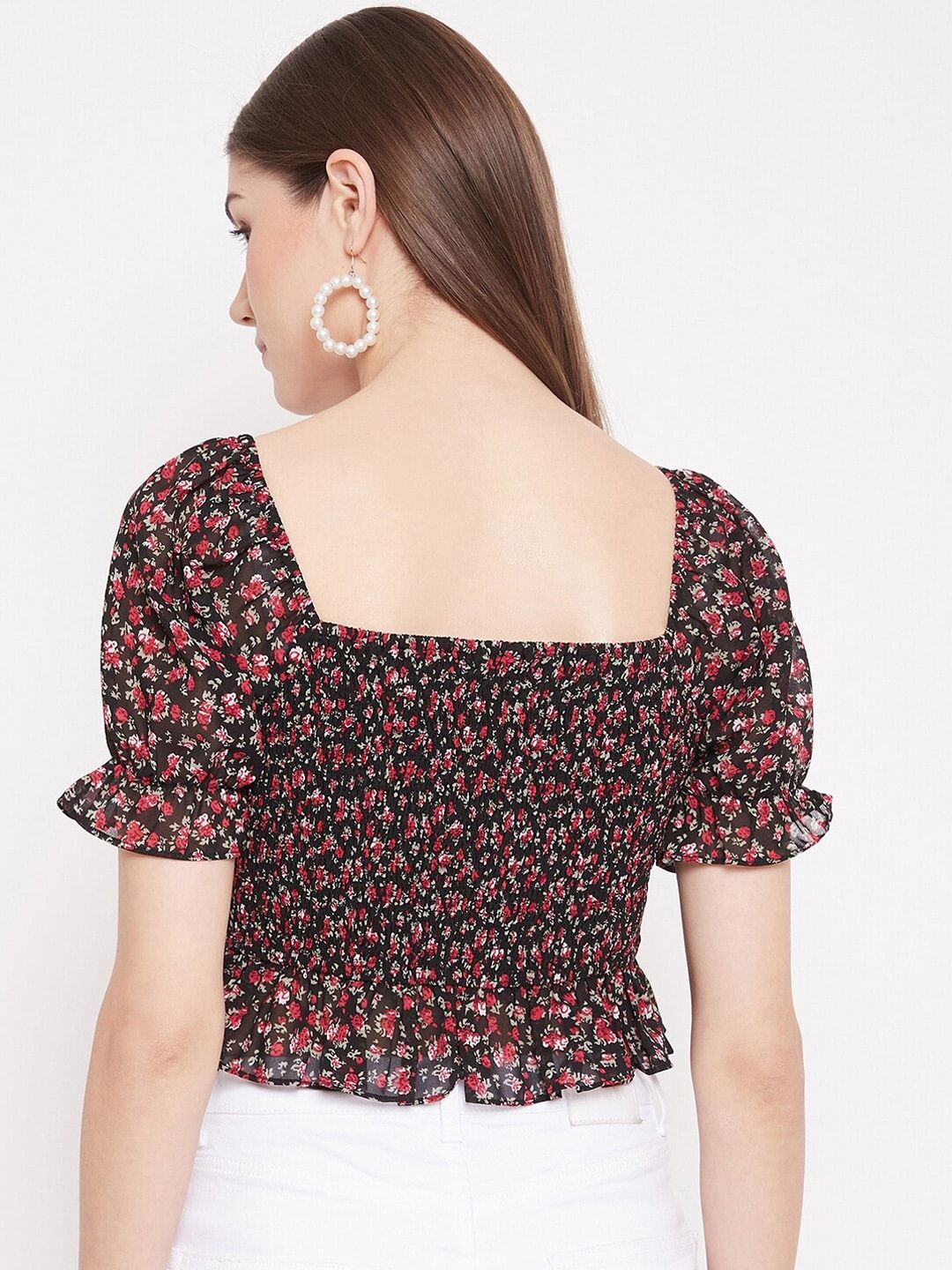 Berrylush Black Floral Smocked Crepe Blouson Crop Top