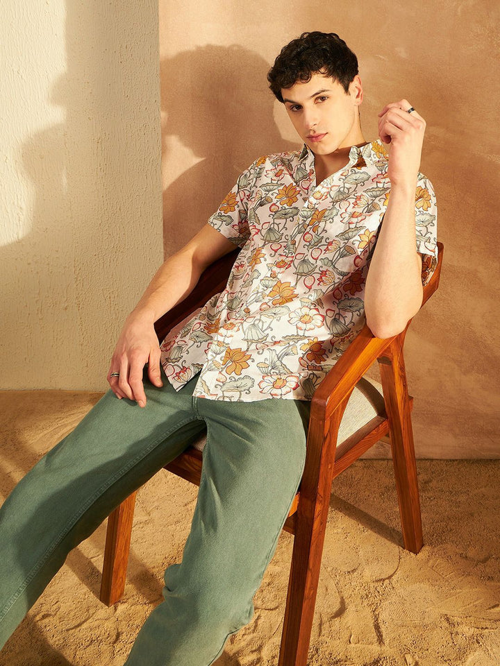 DENNISON Smart Oversized Floral Printed Spread Collar Cotton Lightweight Shirt