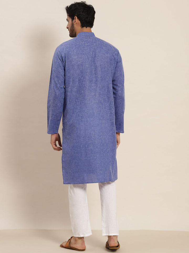 SOJANYA Lelaki Blue Dobby Cotton-Linen Kurta