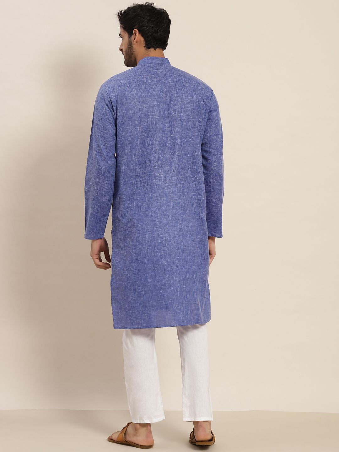 SOJANYA Lelaki Blue Dobby Cotton-Linen Kurta
