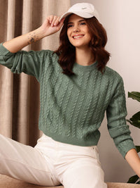 STREET 9 Green Cable Knit Self Design Acrylic Pullover Sweater