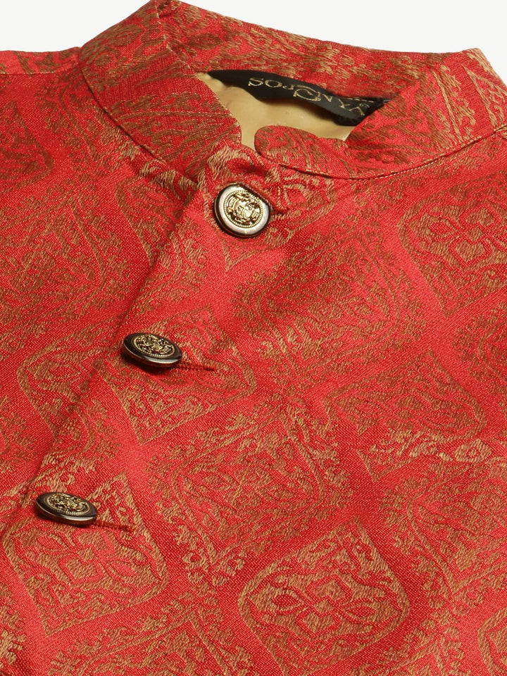 SOJANYA Men Mustard Ethnic Motifs Kurta with Churidar & Nehru Jacket