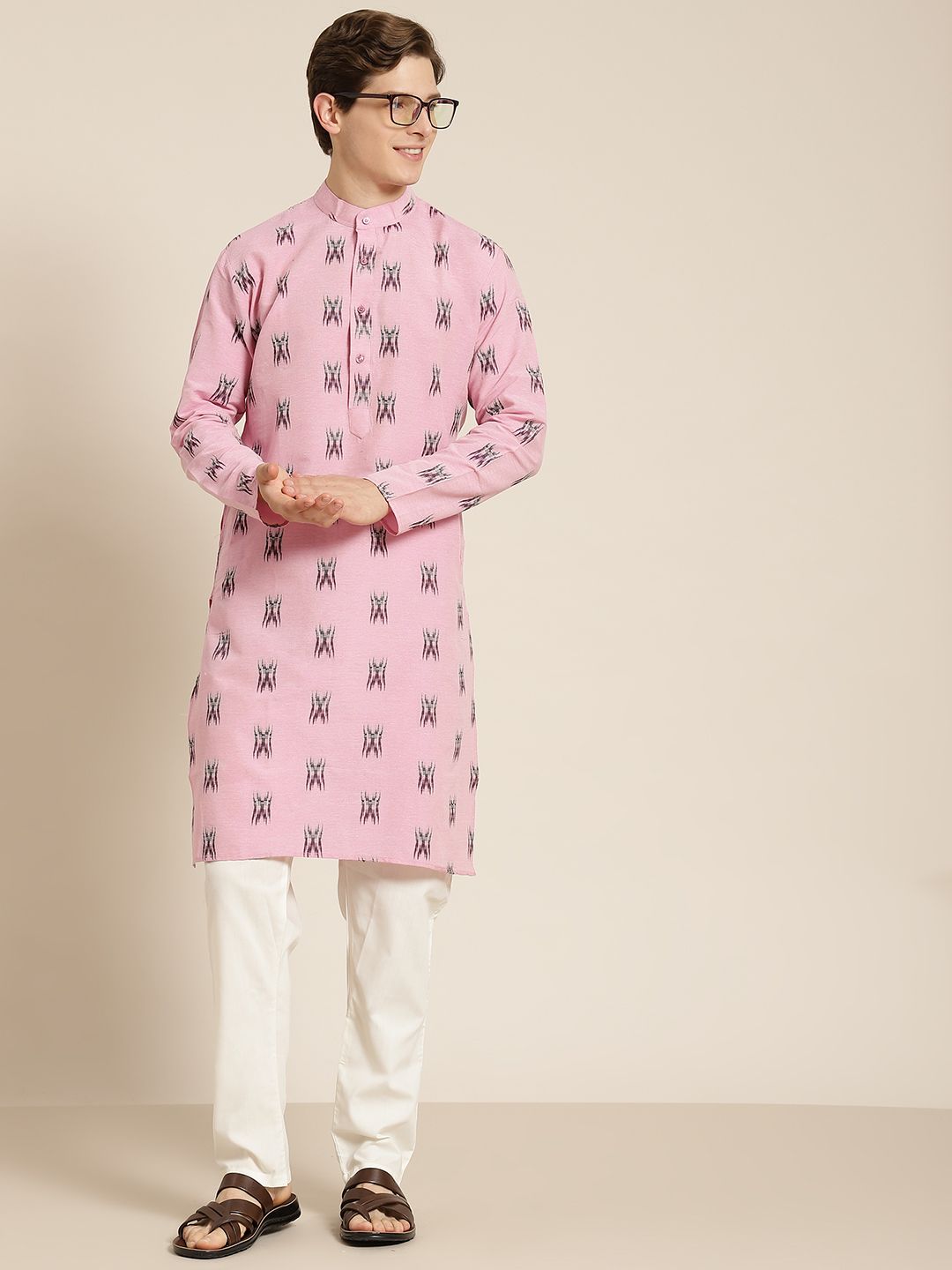 SOJANYA Men Pink & Black Pure Cotton Self Design Kurta