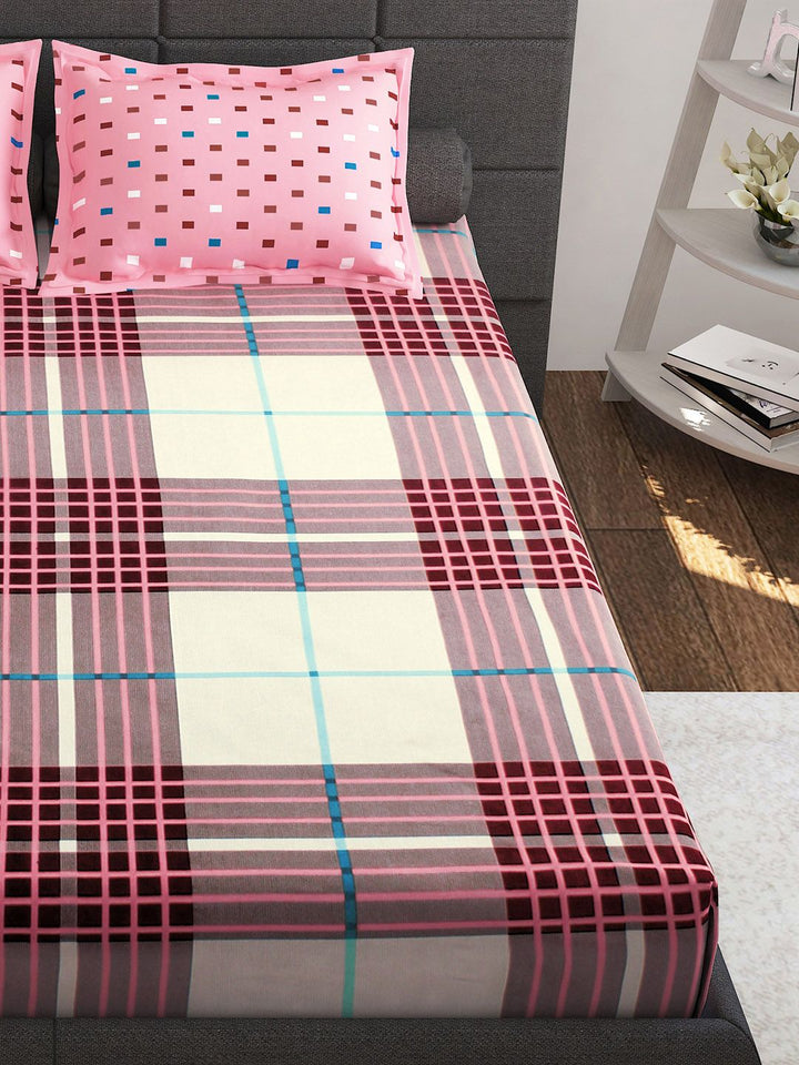 Story@home Ventura White Maroon 144 TC Pure Cotton Queen Bedsheet With 2 Pillow Covers