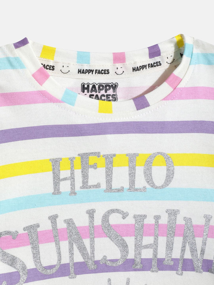 Happy Faces Girls Striped & Typography Printed Pure Cotton T-shirt