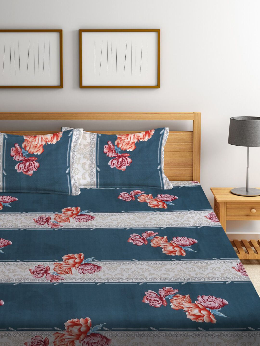 KLOTTHE Off White Floral Cotton Breathable 300 TC King Fine Bedsheet dengan 2 Sarung Bantal-98 x 89 inci