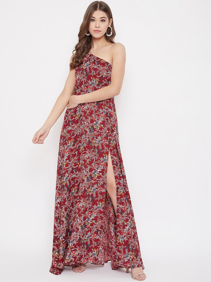 Berrylush Women Maroon & Off-White Floral Printed One Shoulder Maxi Dress