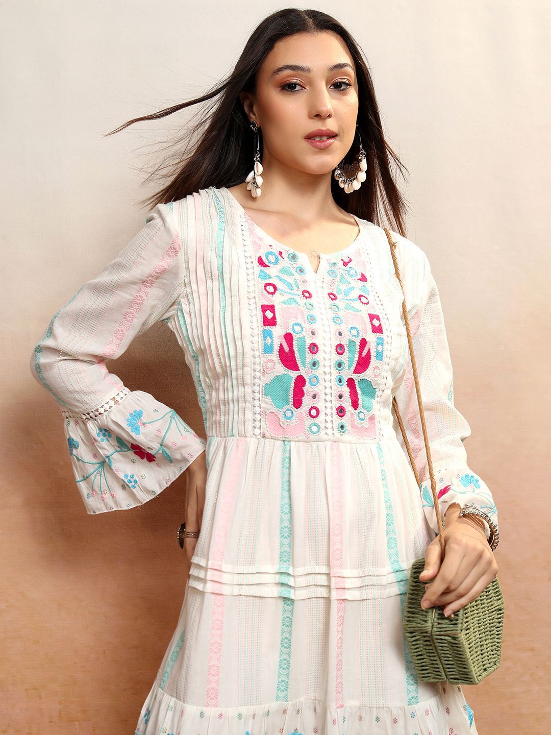 Vishudh White & Pink Floral Embroidered Cotton Fit & Flare Midi Dress