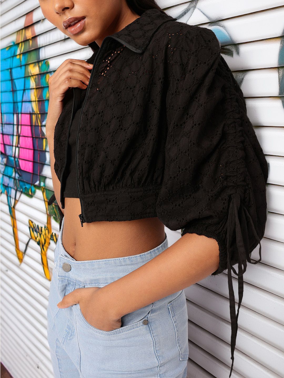 DressBerry Edgy Chic With Schiffli Puff Sleeve Shirt Style Crop Top