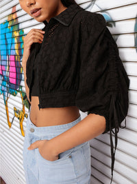 DressBerry Edgy Chic With Schiffli Puff Sleeve Shirt Style Crop Top