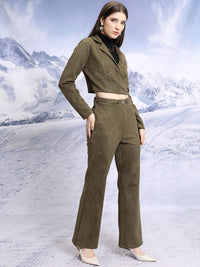 Tokyo Talkies Notched Lapel Collar Suede Crop Top & Trousers