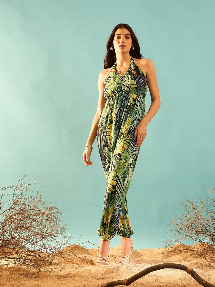 Berrylush Tropical Printed Halter Neck Printed Basic Jumpsuit