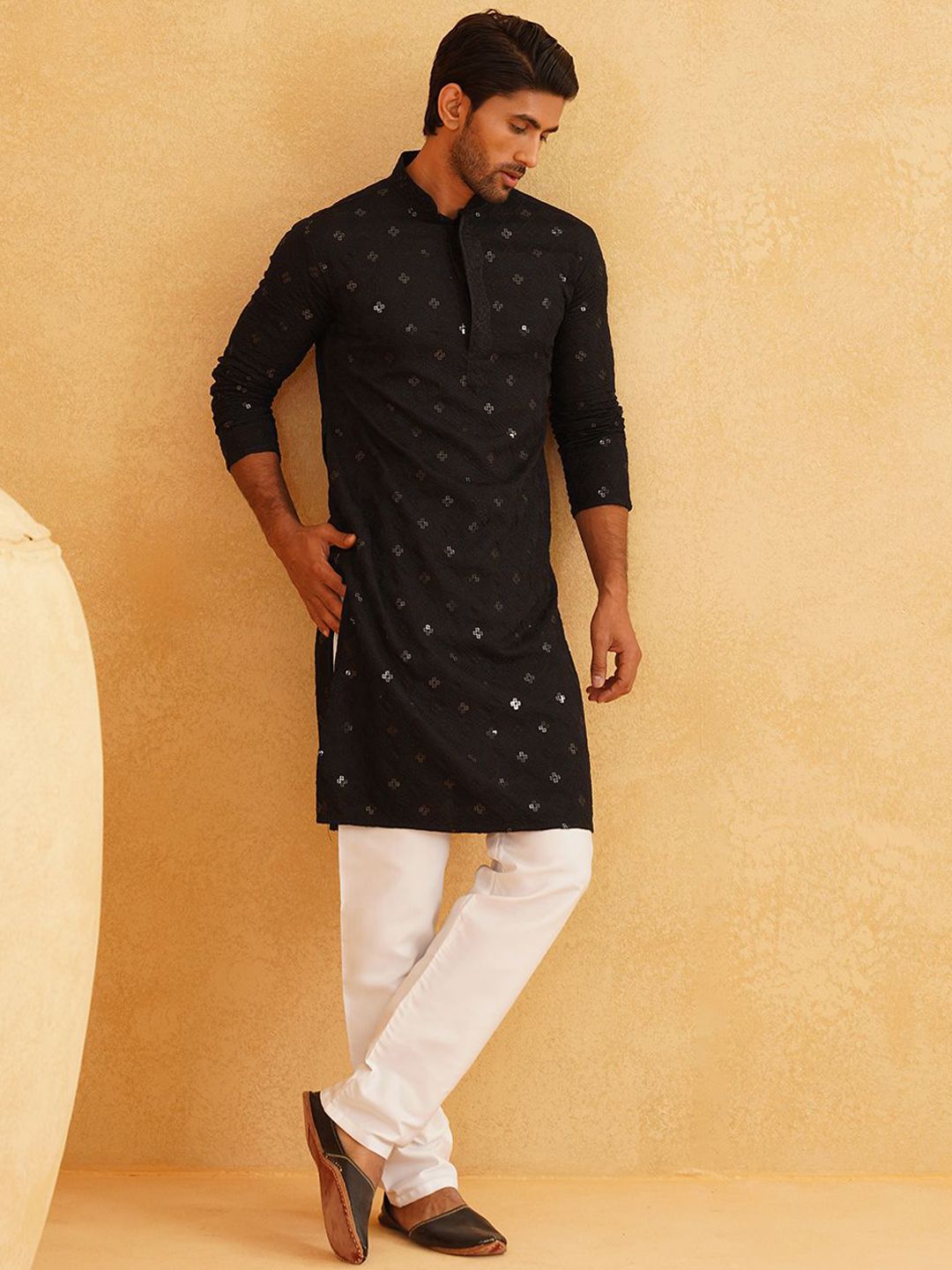 SOJANYA Geometric Embroidered Mandarin Collar Sequinned Pure Cotton Kurta with Churidar