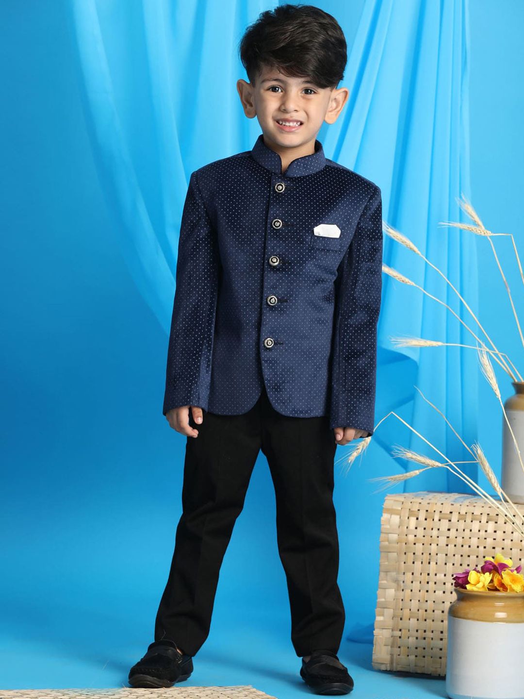 VASTRAMAY Boys Polka Dot Printed Velvet Slim Fit Velvet Bandhgala Blazer