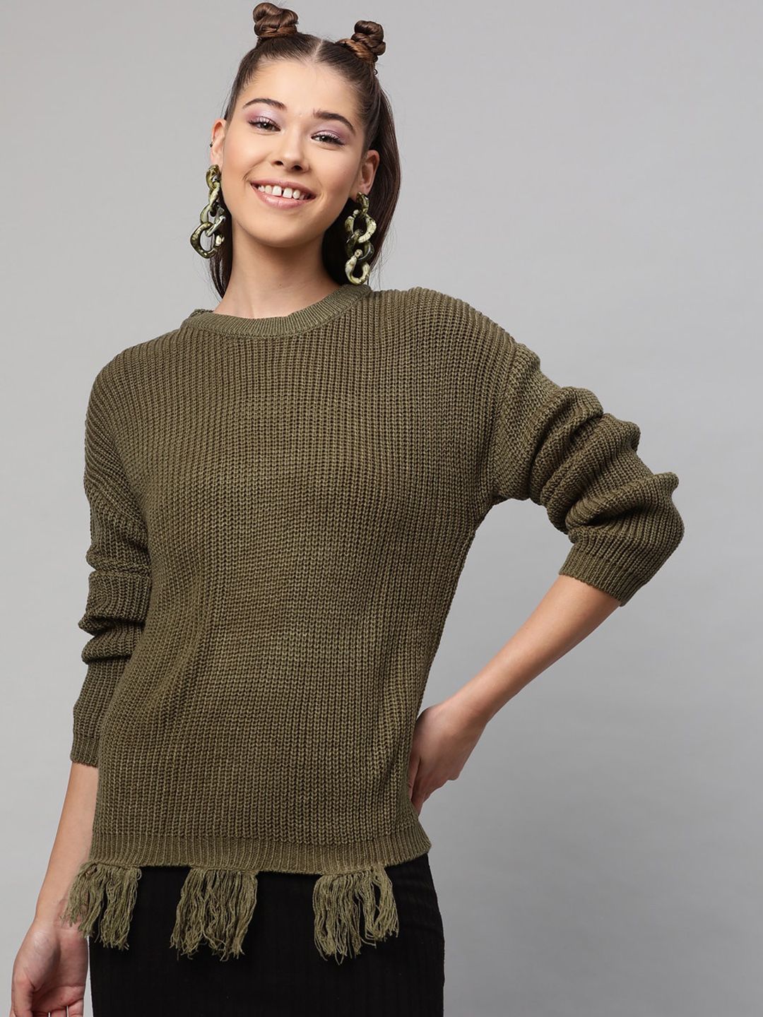 Street 9 Wanita Olive Hijau Green Ribbed Acrylic Sweater