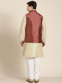 SOJANYA Men Cream-Coloured Striped Thread Work Straight Kurta Churidar & Nehru Jacket