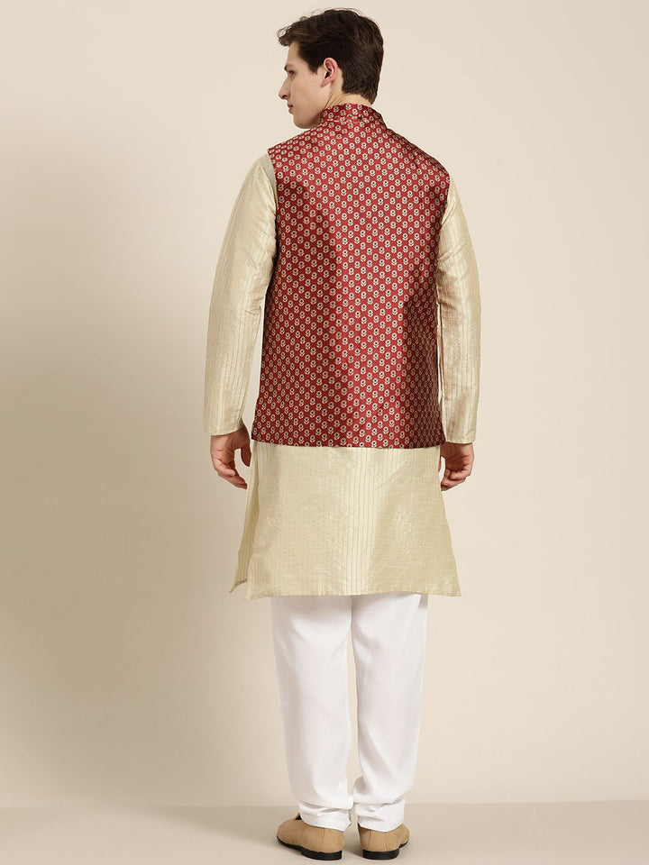 SOJANYA Men Cream-Coloured Striped Thread Work Straight Kurta Churidar & Nehru Jacket