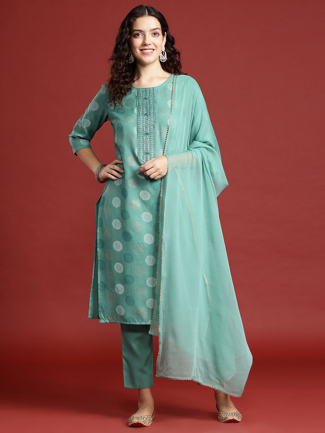 Anouk Ethnic Motifs Foil Printed Regular Sequinned Kurta with Trousers & Dupatta