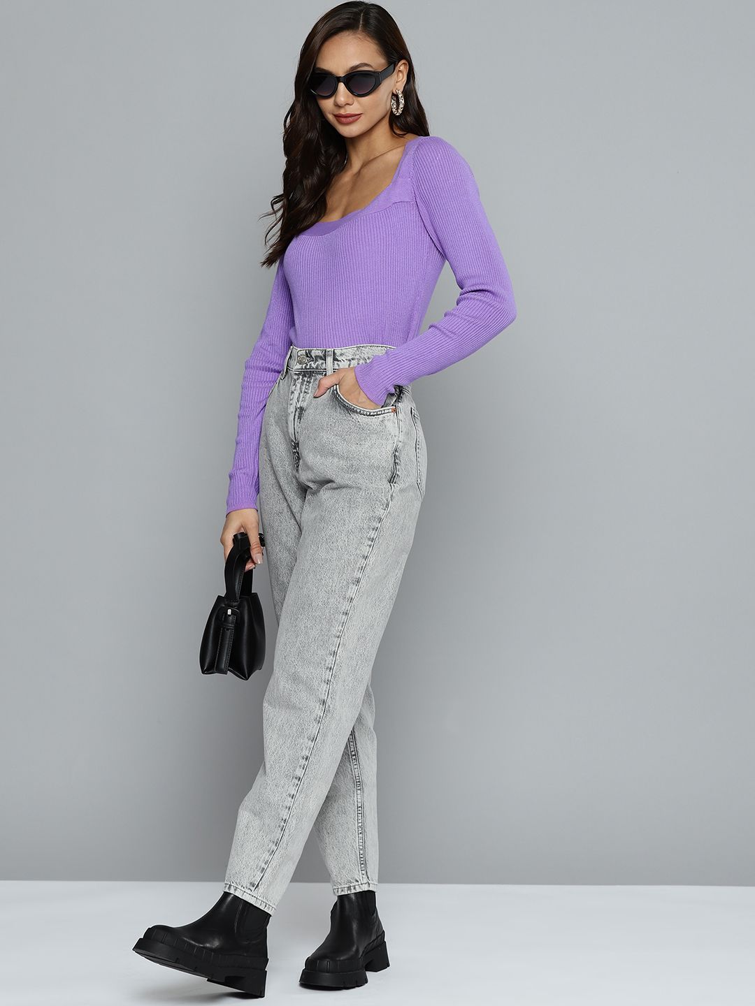 SASSAFRAS Women Lavender Self-Striped Pullover