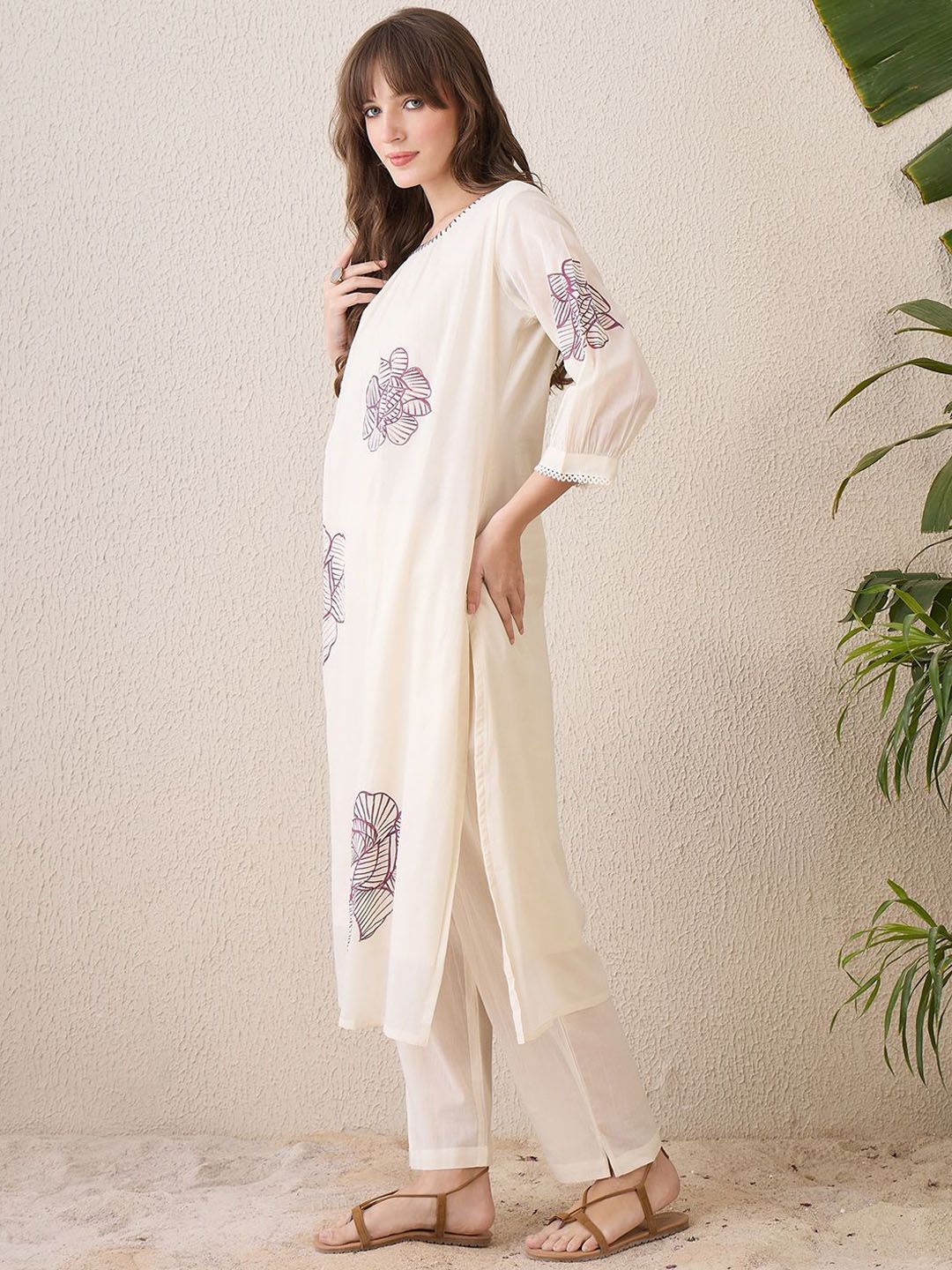 Indo Era Floral Printed Pleated Round Neck Pure Cotton A-Line Kurta With Trousers