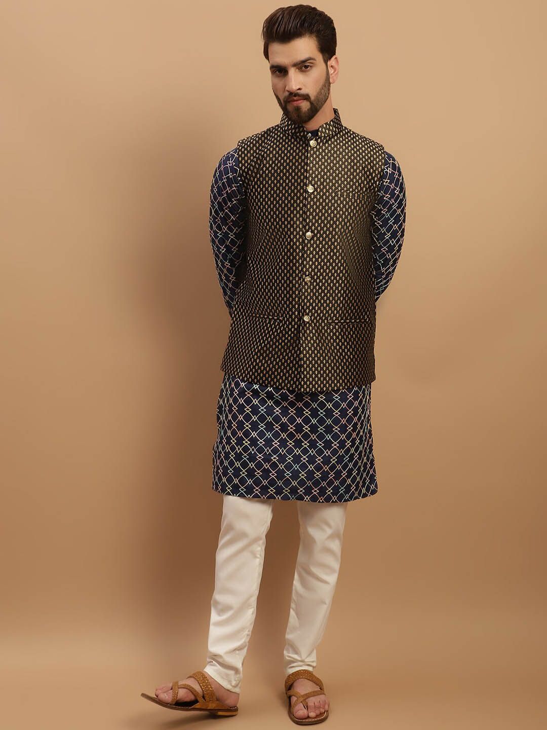 SOJANYA Ethnic Motifs Embroidered Kurta with Churidar & Nehru Jacket