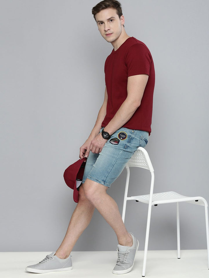 The Indian Garage Co Men Blue Typography Printed Slim Fit Denim Shorts