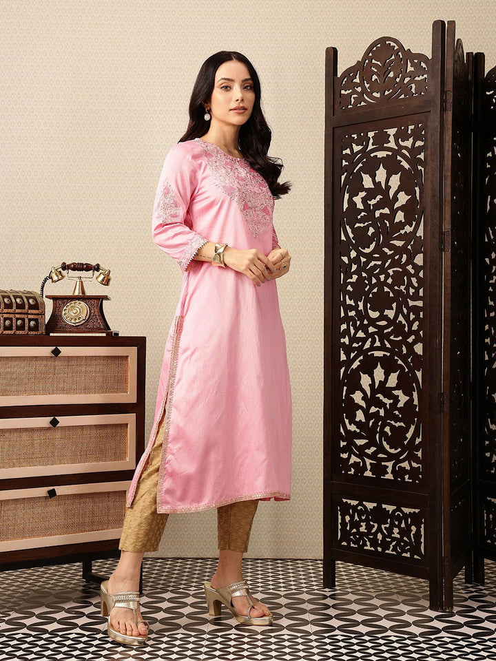 House of Pataudi Floral Yoke Design Keyhole Neck Sequinned Jashn Kurta
