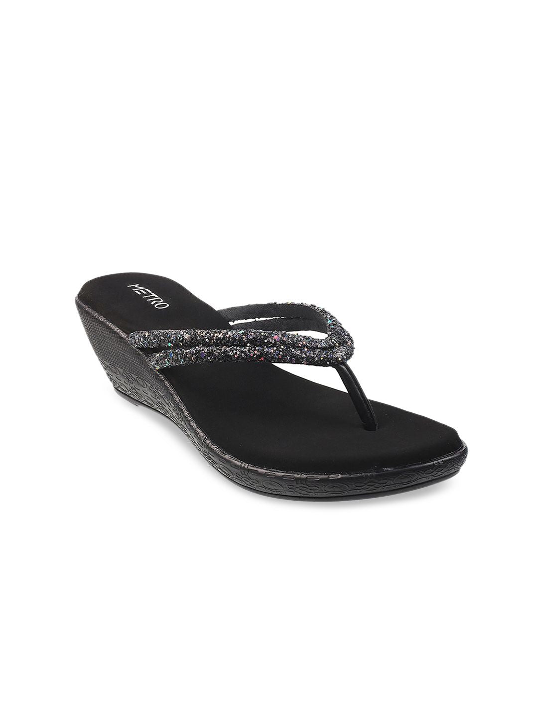 Metro Black Embellished Wedge Sandals